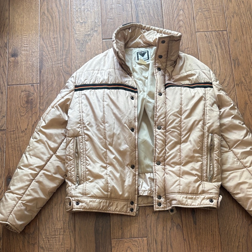 Obermeyer Beige Puffer Jacket with Black & Red Stripe men’s/unisex